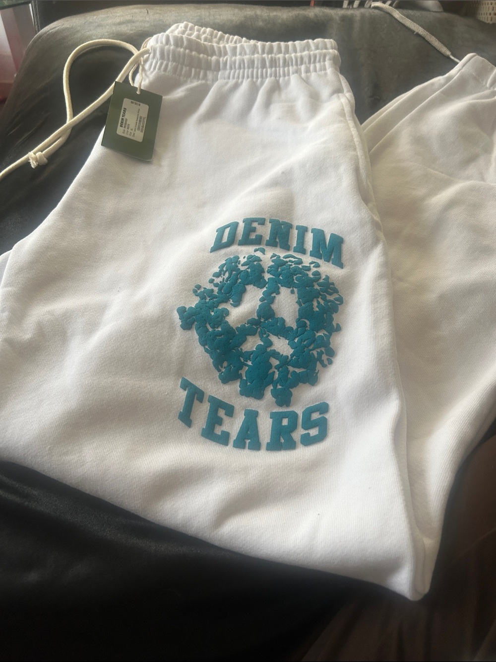 DENIM TEARS White Sweatpants with Teal Applique- Men’s Size XL